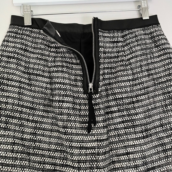 Rebecca Taylor Lamb Leather Trim Linen Tweed Fringe Mini Skirt Grey Black Size 4 - Picture 6 of 9